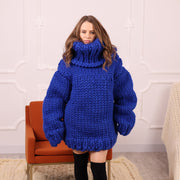 Grober Rollkragenpullover aus Merinowolle mit 50 cm Rollkragen, Oversized Blauer Pullover T2112