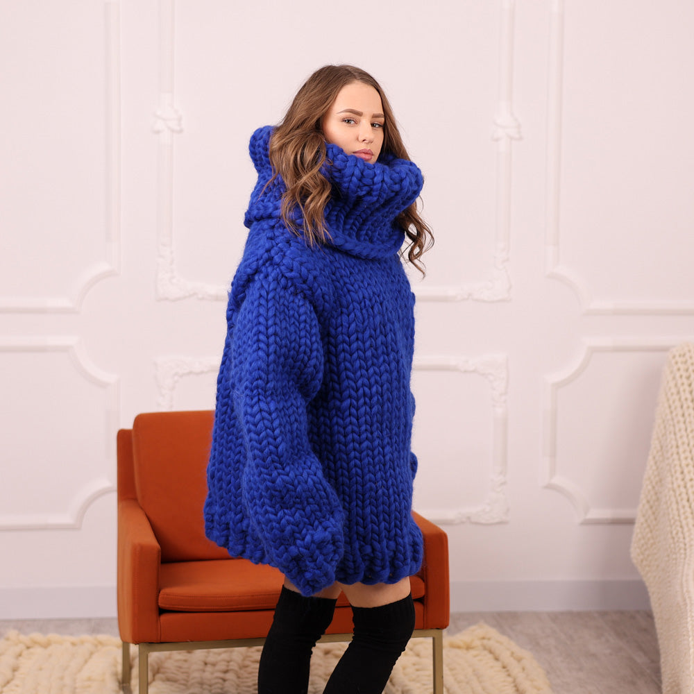 Chunky Merino Wool Cowlneck Sweater with 50 cm turtleneck , Oversized Blue Pullover T2112