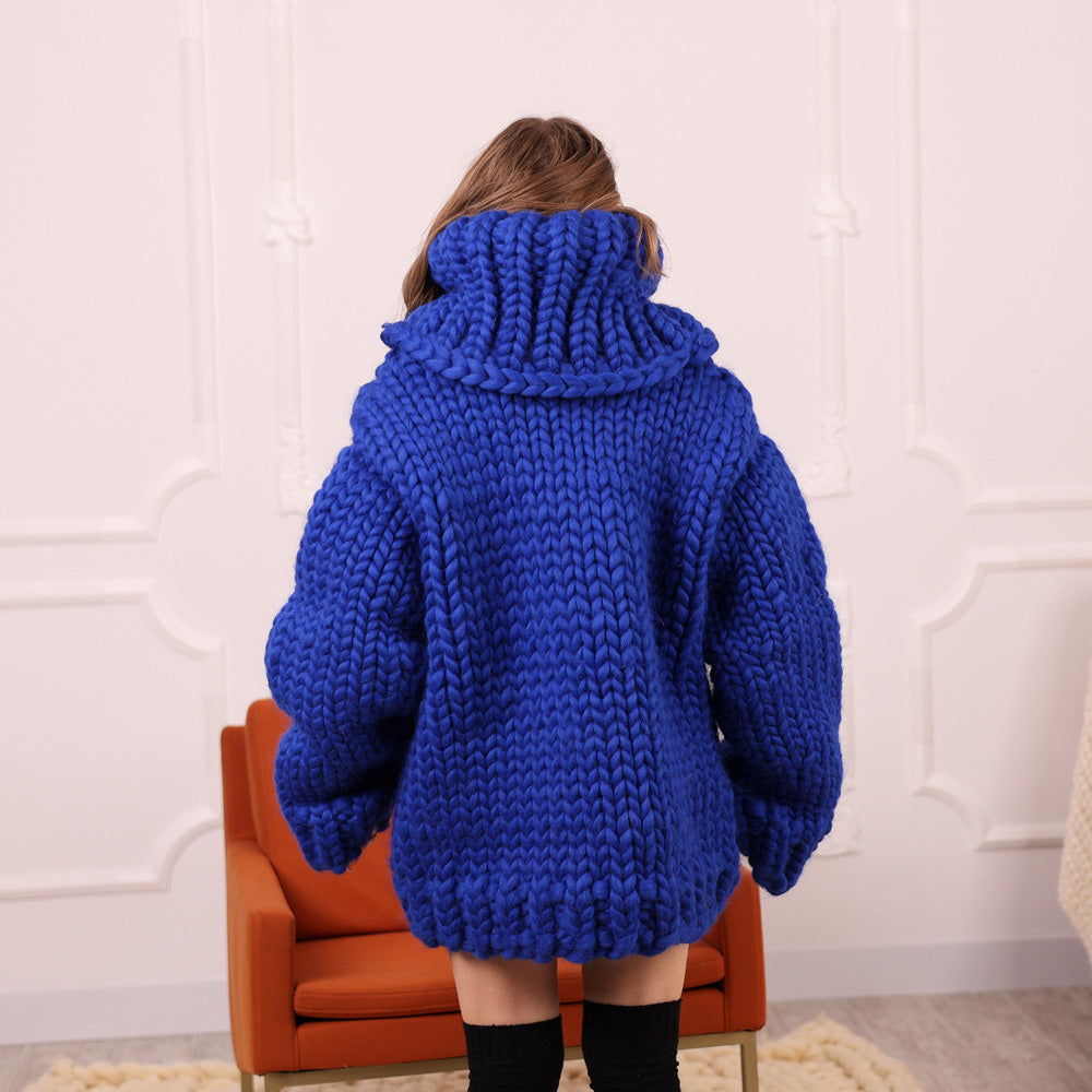 Chunky Merino Wool Cowlneck Sweater with 50 cm turtleneck , Oversized Blue Pullover T2112