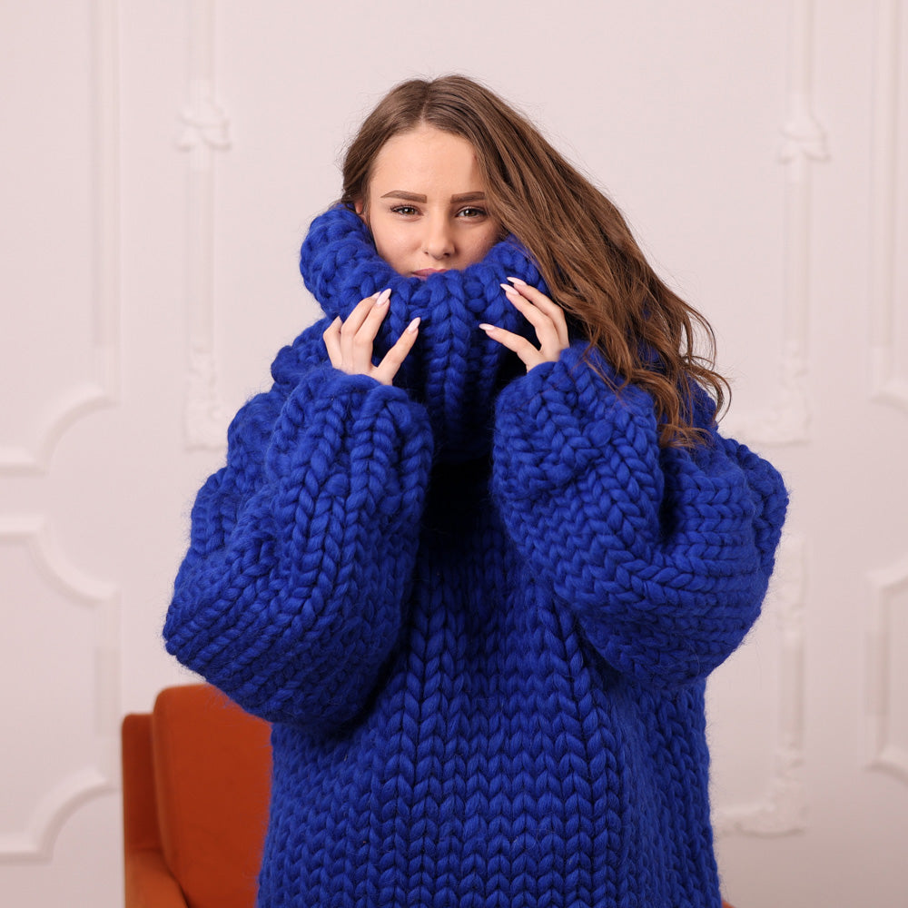 Chunky Merino Wool Cowlneck Sweater with 50 cm turtleneck , Oversized Blue Pullover T2112