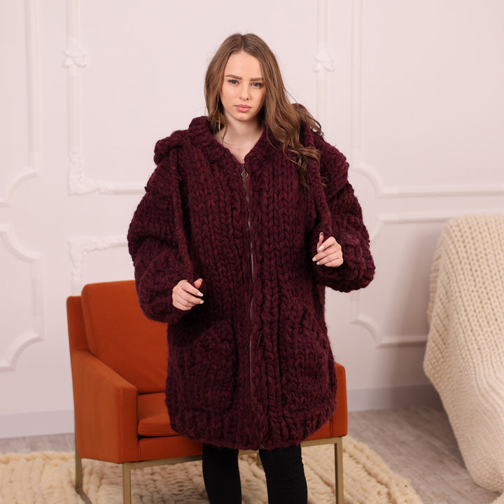 Chunky Hooded Cardigan, 25 strands  Burgundy Alpaca Wool Knit, Oversized  Coat with Pockets T2098