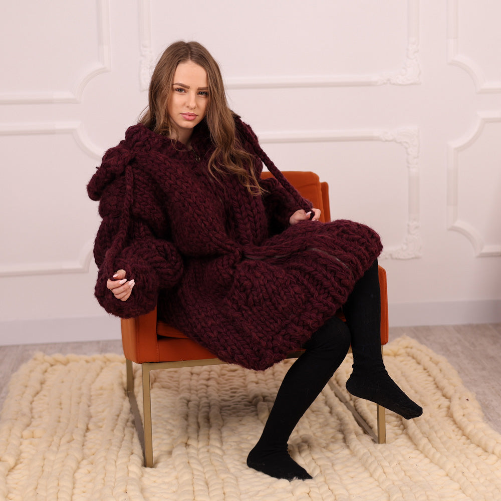 Chunky Hooded Cardigan, 25 strands  Burgundy Alpaca Wool Knit, Oversized  Coat with Pockets T2098