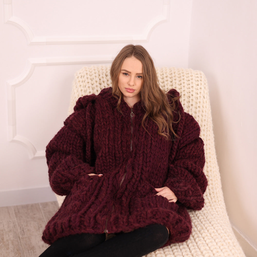 Chunky Hooded Cardigan, 25 strands  Burgundy Alpaca Wool Knit, Oversized  Coat with Pockets T2098