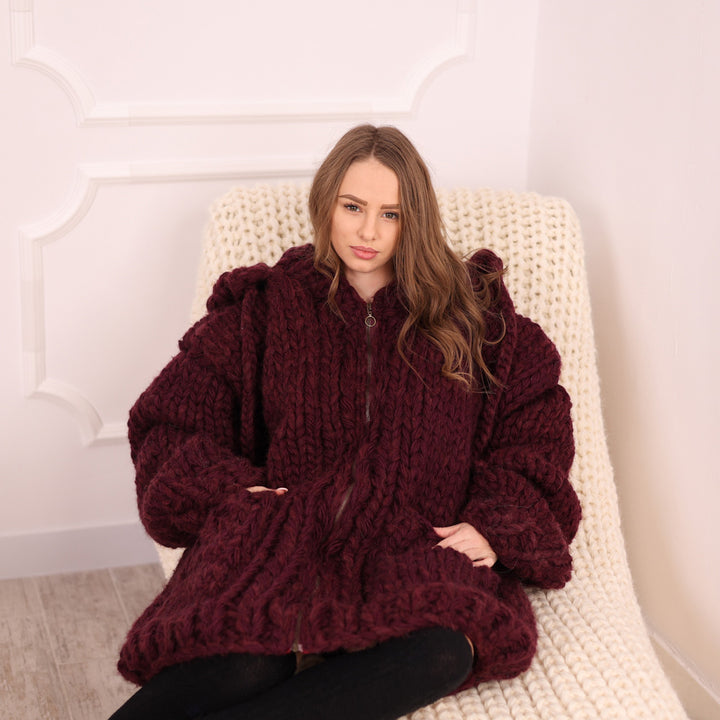 Chunky Hooded Cardigan, 25 strands  Burgundy Alpaca Wool Knit, Oversized  Coat with Pockets T2098