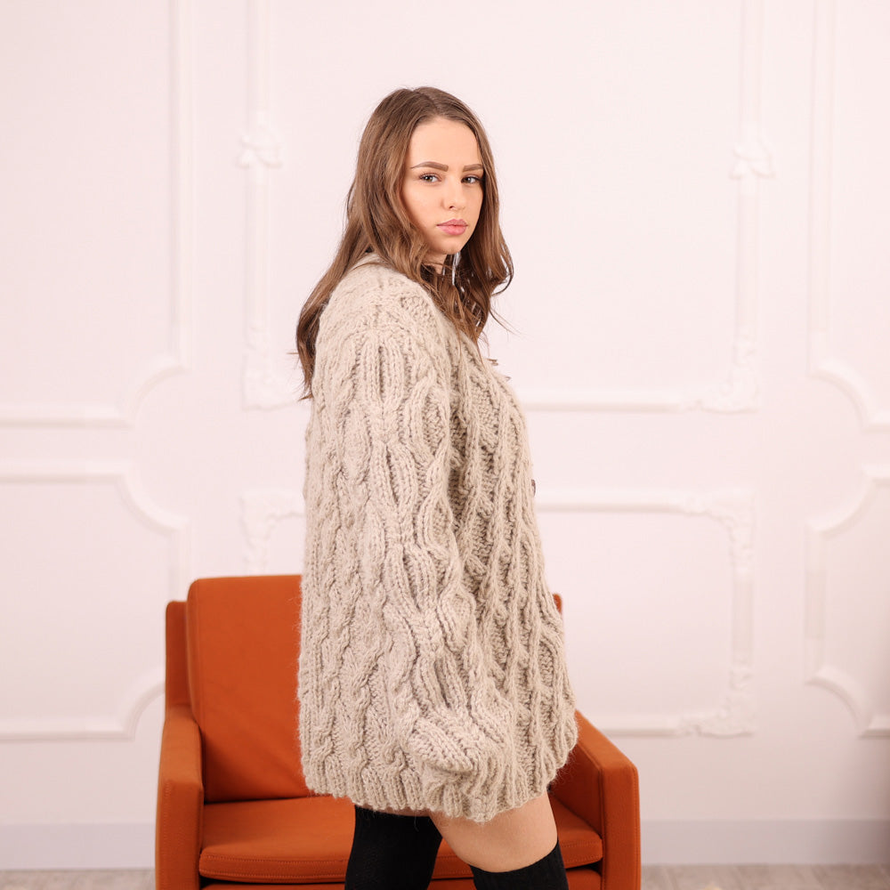 Beige Baby Suri Alpaca Cable Knit Cardigan, Hand Knitted Button Front Sweater T2114