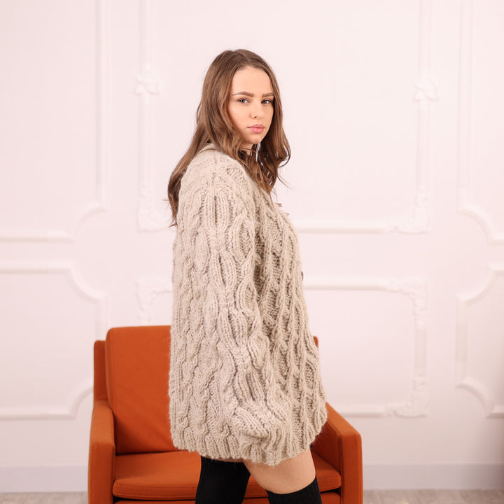 Beige Baby Suri Alpaca Cable Knit Cardigan, Hand Knitted Button Front Sweater T2114