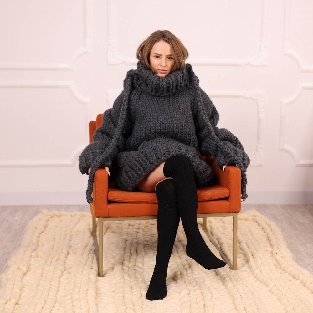 Extra Chunky Wool Alpaca Hooded Turtleneck Sweater with Pocket