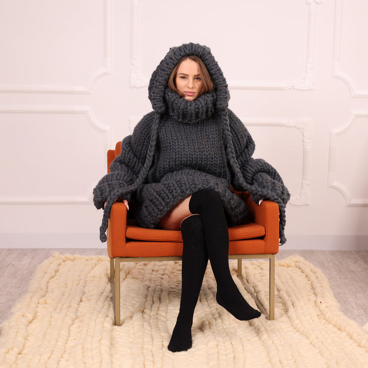 Extra Chunky Wool Alpaca Hooded Turtleneck Sweater with Pocket, Oversized Gray Pullover T2111