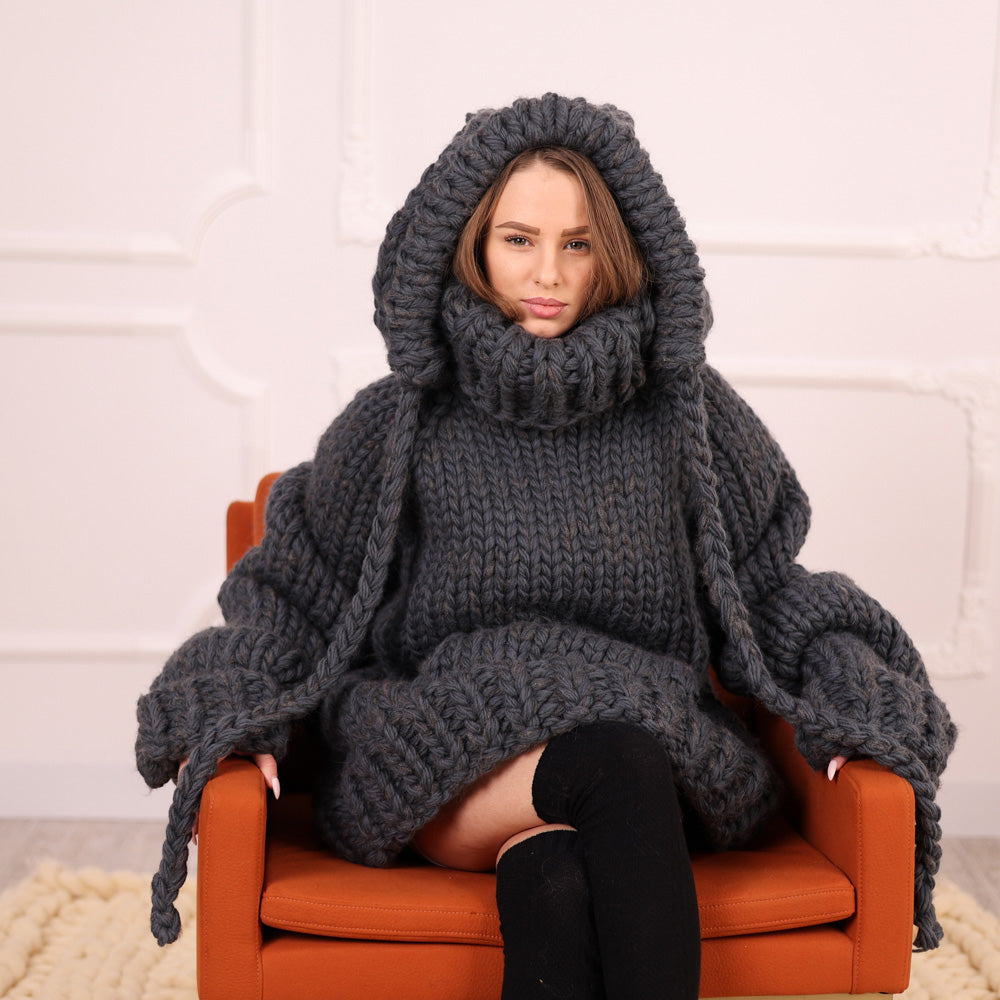Extra Chunky Wool Alpaca Hooded Turtleneck Sweater with Pocket, Oversized Gray Pullover T2111