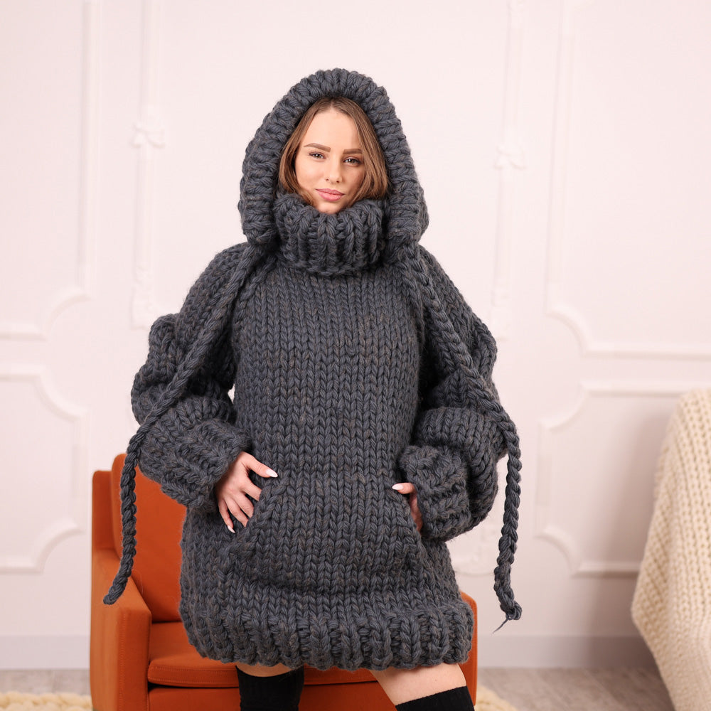 Extra Chunky Wool Alpaca Hooded Turtleneck Sweater with Pocket