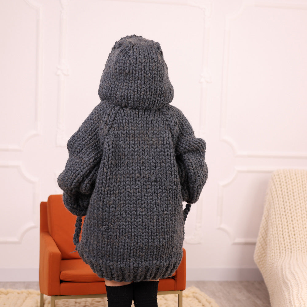 Extra Chunky Wool Alpaca Hooded Turtleneck Sweater with Pocket, Oversized Gray Pullover T2111