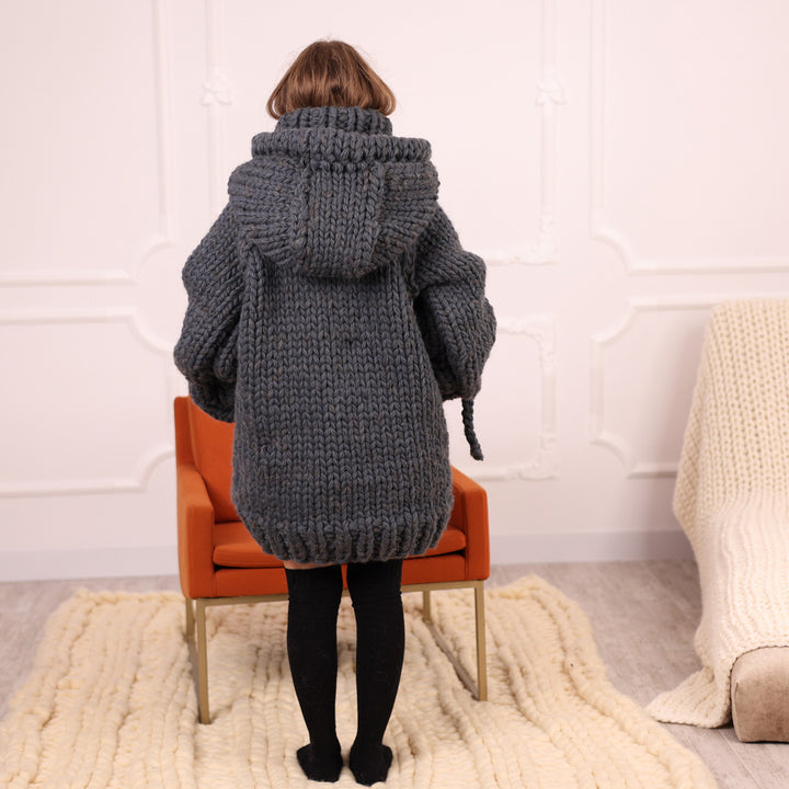 Extra Chunky Wool Alpaca Hooded Turtleneck Sweater with Pocket, Oversized Gray Pullover T2111