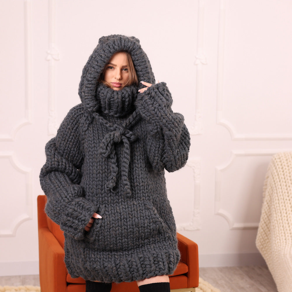 Extra Chunky Wool Alpaca Hooded Turtleneck Sweater with Pocket