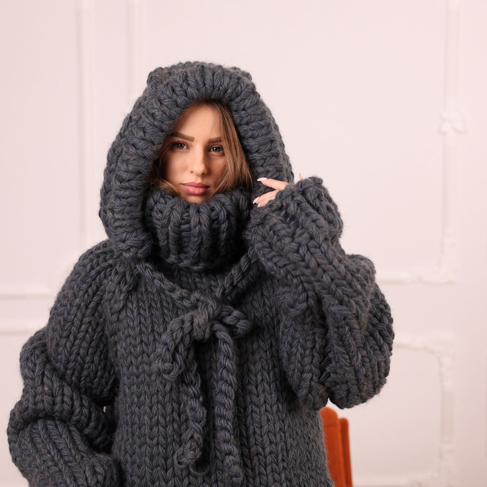 Extra Chunky Wool Alpaca Hooded Turtleneck Sweater with Pocket