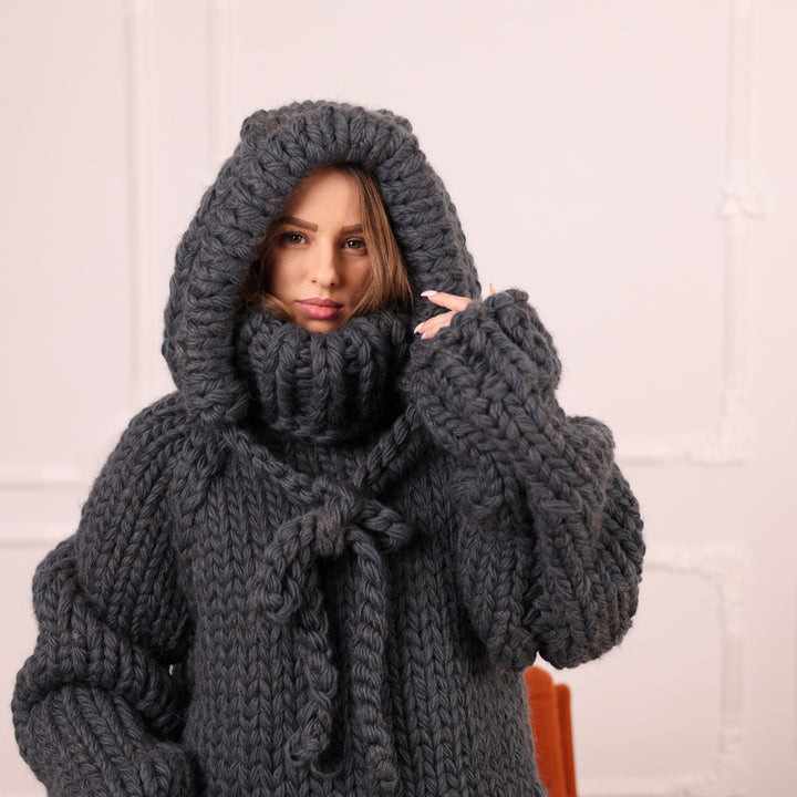 Extra Chunky Wool Alpaca Hooded Turtleneck Sweater with Pocket, Oversized Gray Pullover T2111