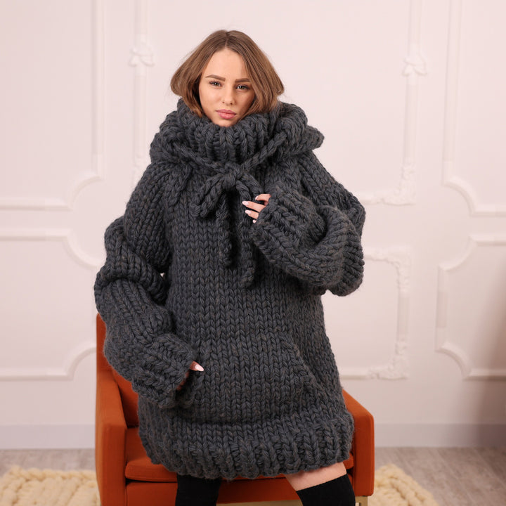 Extra Chunky Wool Alpaca Hooded Turtleneck Sweater with Pocket, Oversized Gray Pullover T2111