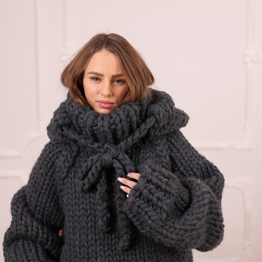 Extra Chunky Wool Alpaca Hooded Turtleneck Sweater with Pocket