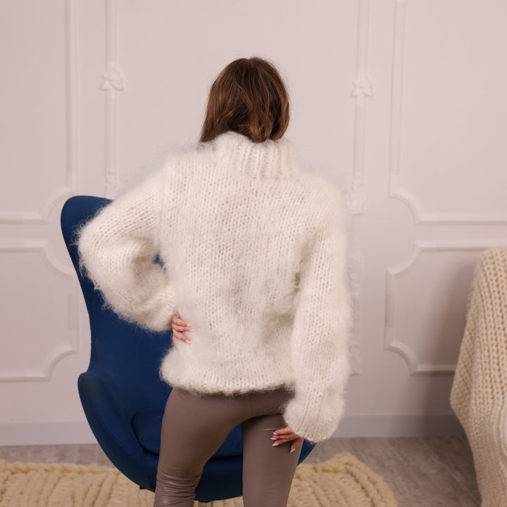 White Mohair Alpaca mock Neck Sweater – Thick Hand Knit Oversized Pullover T2109