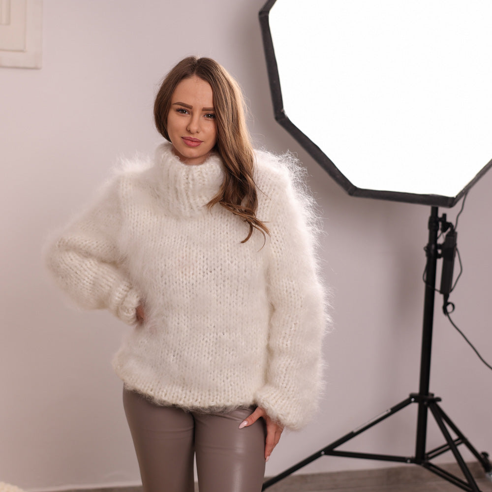White Mohair Alpaca mock Neck Sweater – Thick Hand Knit Oversized Pullover T2109