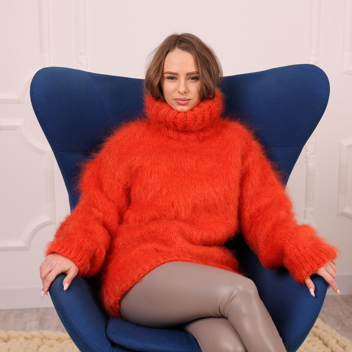 Orange Mohair Turtleneck Sweater – Fluffy Fuzzy Hand Knit Pullover, 3 Strand T2108