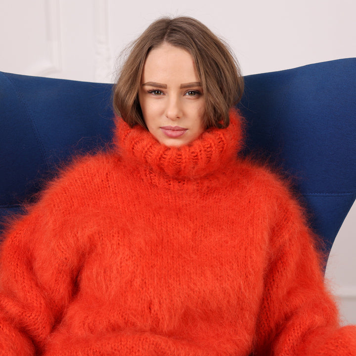 Orange Mohair Turtleneck Sweater – Fluffy Fuzzy Hand Knit Pullover, 3 Strand T2108