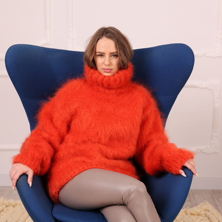 Orange Mohair Turtleneck Sweater – Fluffy Fuzzy Hand Knit Pullover, 3 Strand T2108