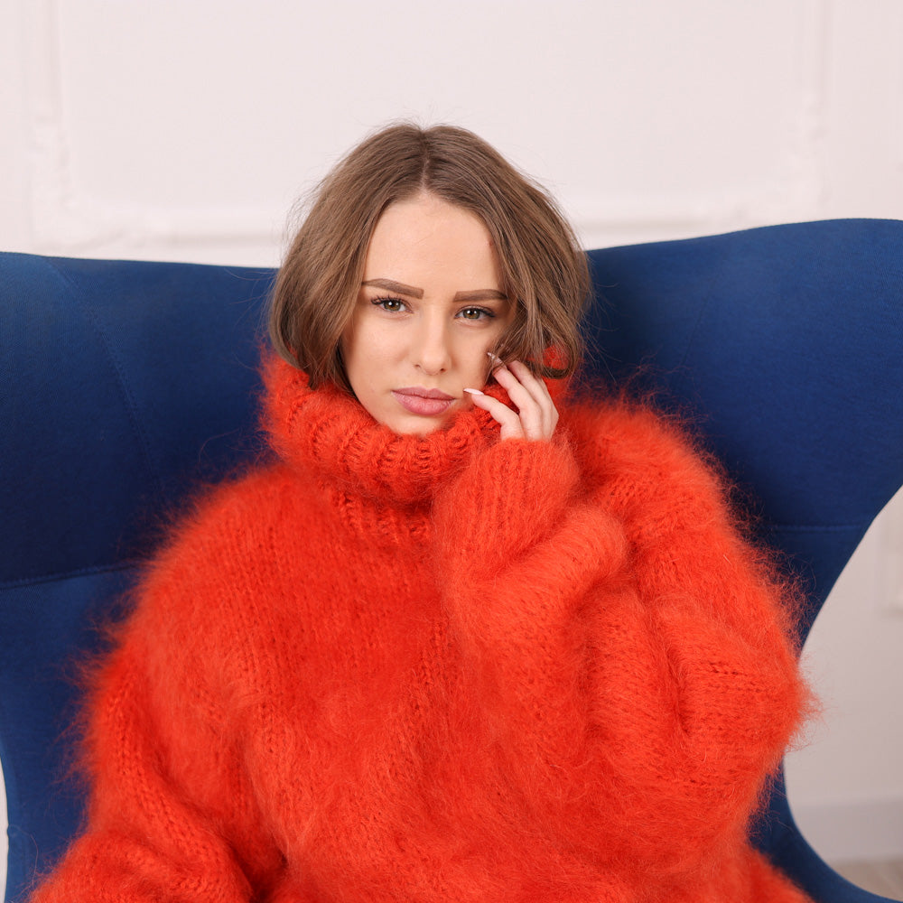 Orange Mohair Turtleneck Sweater – Fluffy Fuzzy Hand Knit Pullover, 3 Strand T2108