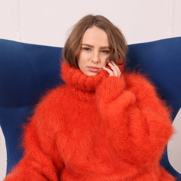 Orange Mohair Turtleneck Sweater – Fluffy Fuzzy Hand Knit Pullover, 3 Strand T2108