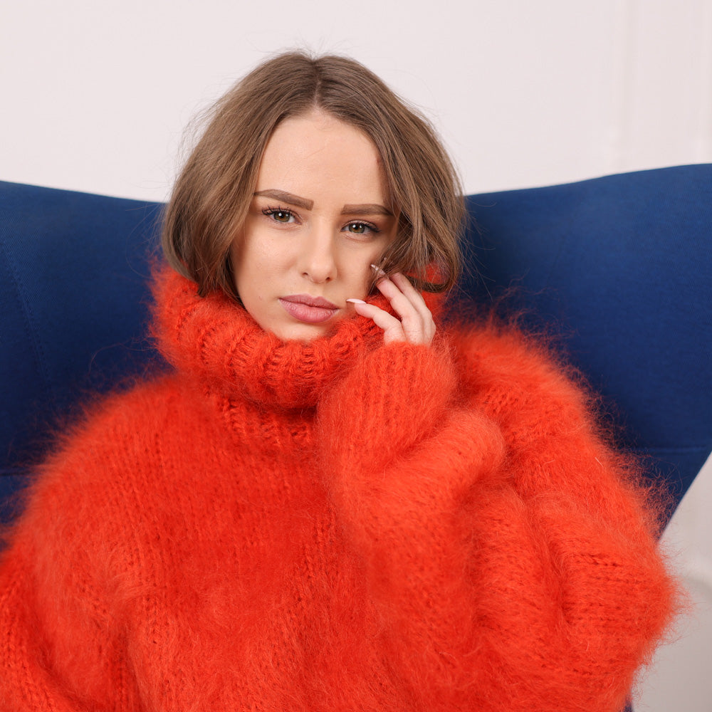 Orange Mohair Turtleneck Sweater – Fluffy Fuzzy Hand Knit Pullover, 3 Strand T2108