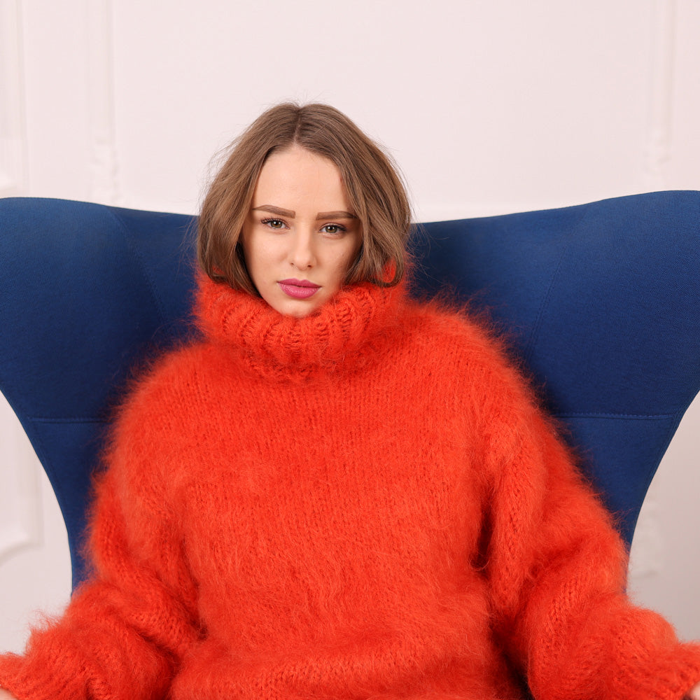 Orange Mohair Turtleneck Sweater – Fluffy Fuzzy Hand Knit Pullover, 3 Strand T2108