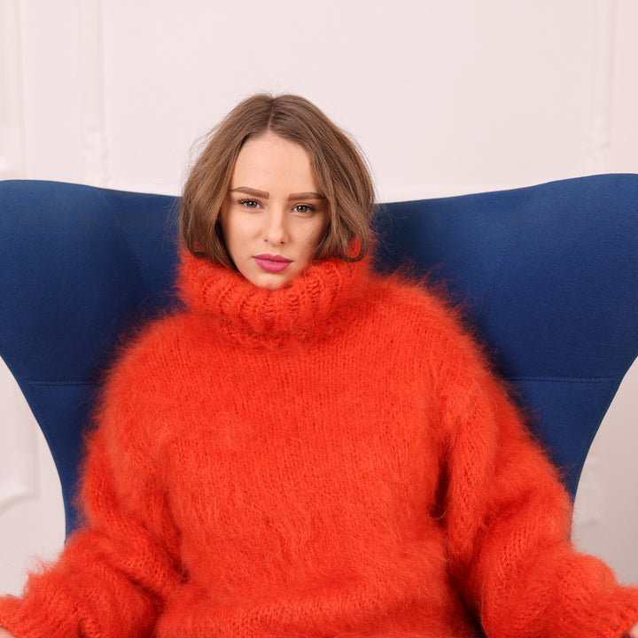 Orange Mohair Turtleneck Sweater – Fluffy Fuzzy Hand Knit Pullover, 3 Strand T2108