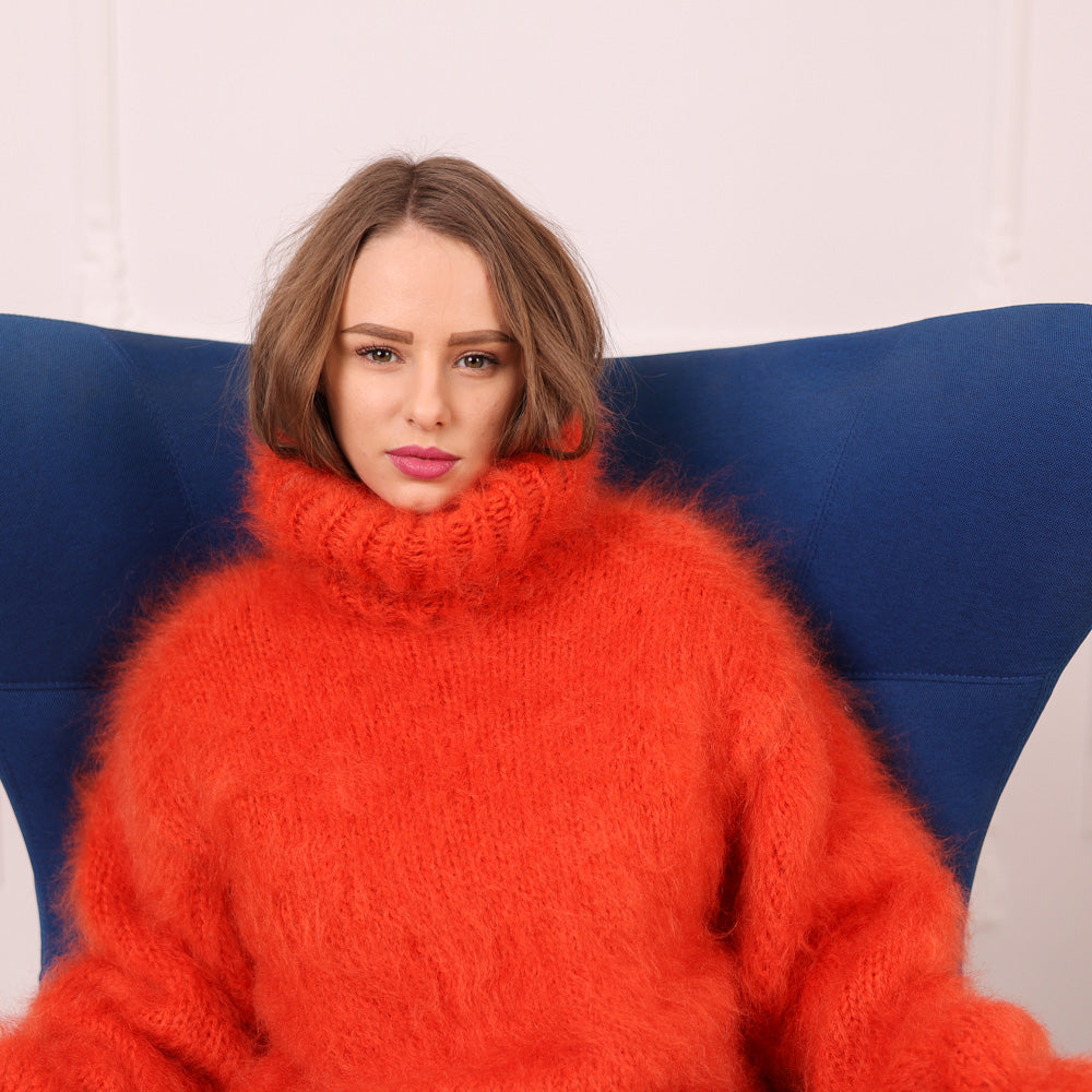 Orange Mohair Turtleneck Sweater – Fluffy Fuzzy Hand Knit Pullover, 3 Strand T2108