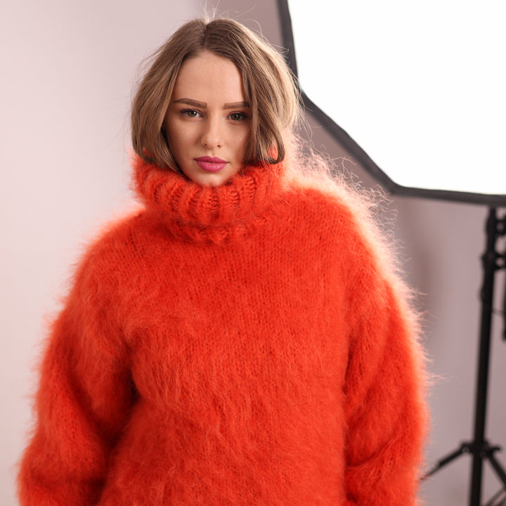 Orange Mohair Turtleneck Sweater – Fluffy Fuzzy Hand Knit Pullover, 3 Strand T2108