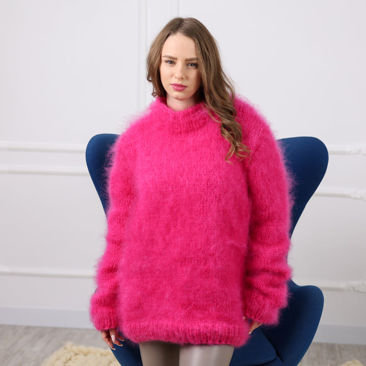 Pink French Kid Mohair Crewneck Sweater – Soft Fluffy Hand Knit Pullover T2110