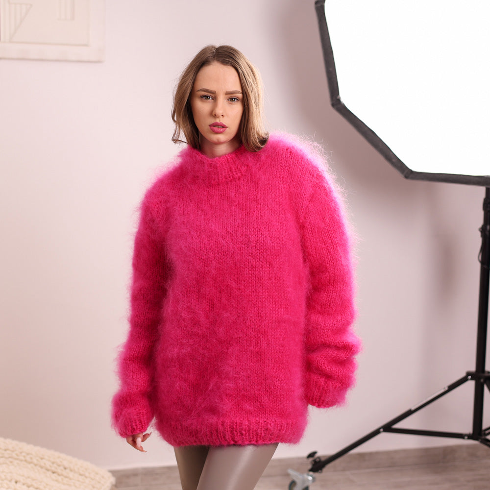 Pink French Kid Mohair Crewneck Sweater – Soft Fluffy Hand Knit Pullover T2110