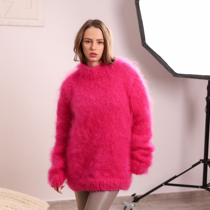 Pink French Kid Mohair Crewneck Sweater – Soft Fluffy Hand Knit Pullover T2110