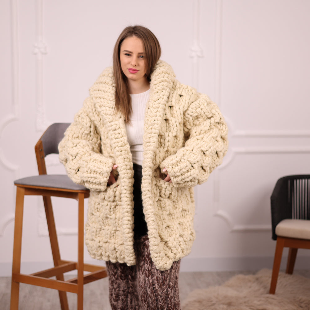 Extra Chunky Wool Cardigan , Hand Knitted 10 Strands Heavy Honeycomb Knit Jacket T2133