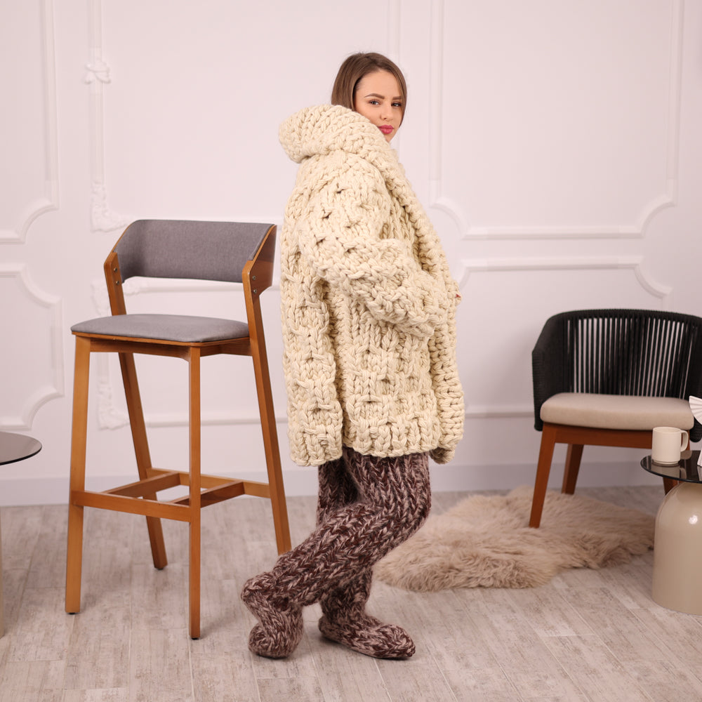 Extra Chunky Wool Cardigan , Hand Knitted 10 Strands Heavy Honeycomb Knit Jacket T2133
