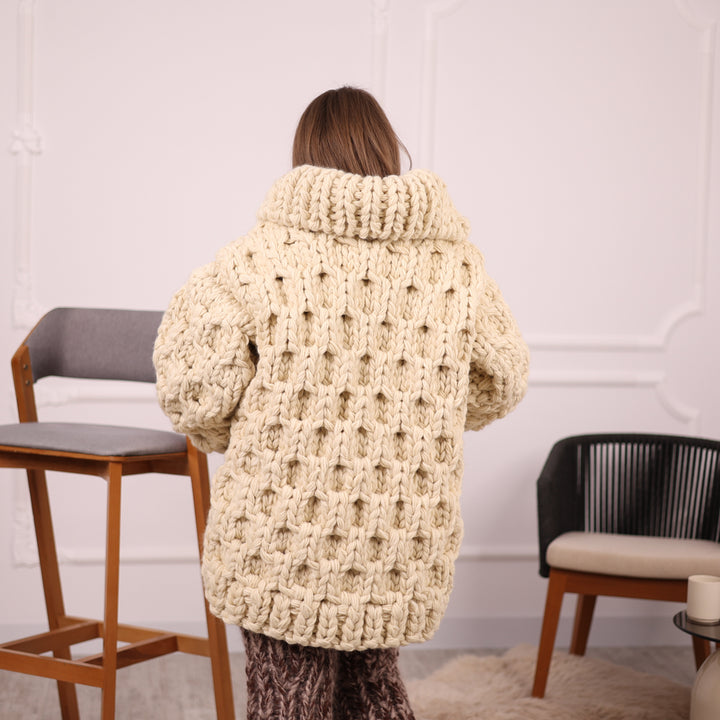 Extra Chunky Wool Cardigan , Hand Knitted 10 Strands Heavy Honeycomb Knit Jacket T2133