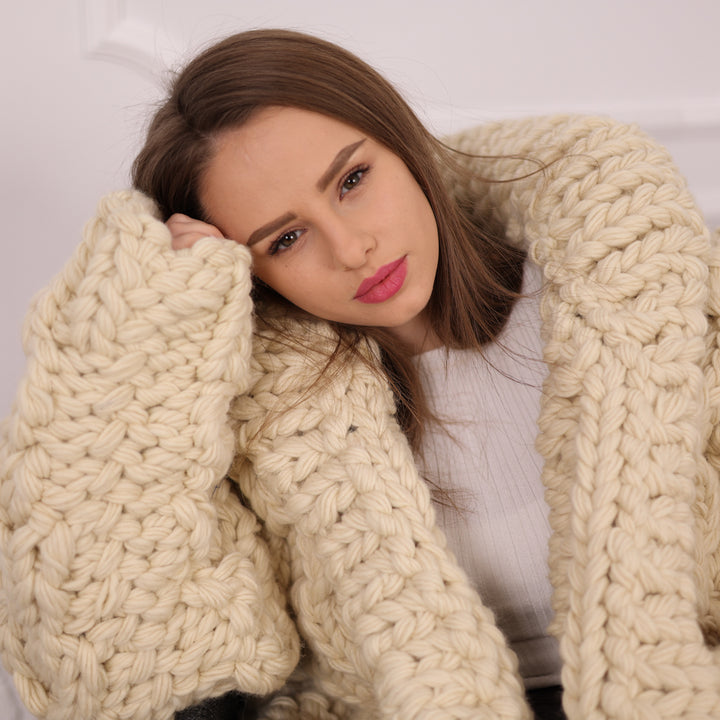 Extra Chunky Wool Cardigan , Hand Knitted 10 Strands Heavy Honeycomb Knit Jacket T2133