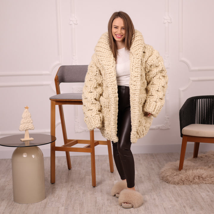 Extra Chunky Wool Cardigan , Hand Knitted 10 Strands Heavy Honeycomb Knit Jacket T2133