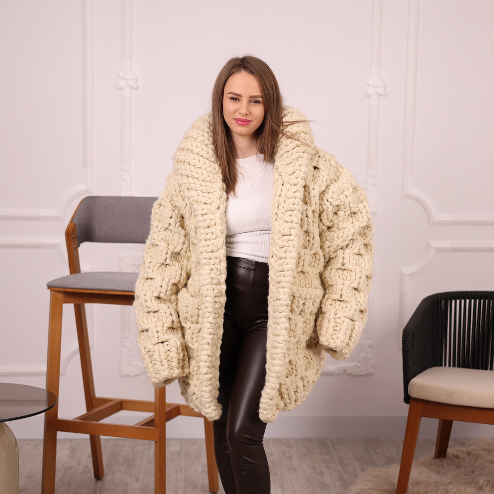 Extra Chunky Wool Cardigan , Hand Knitted 10 Strands Heavy Honeycomb Knit Jacket T2133