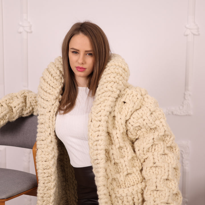 Extra Chunky Wool Cardigan , Hand Knitted 10 Strands Heavy Honeycomb Knit Jacket T2133