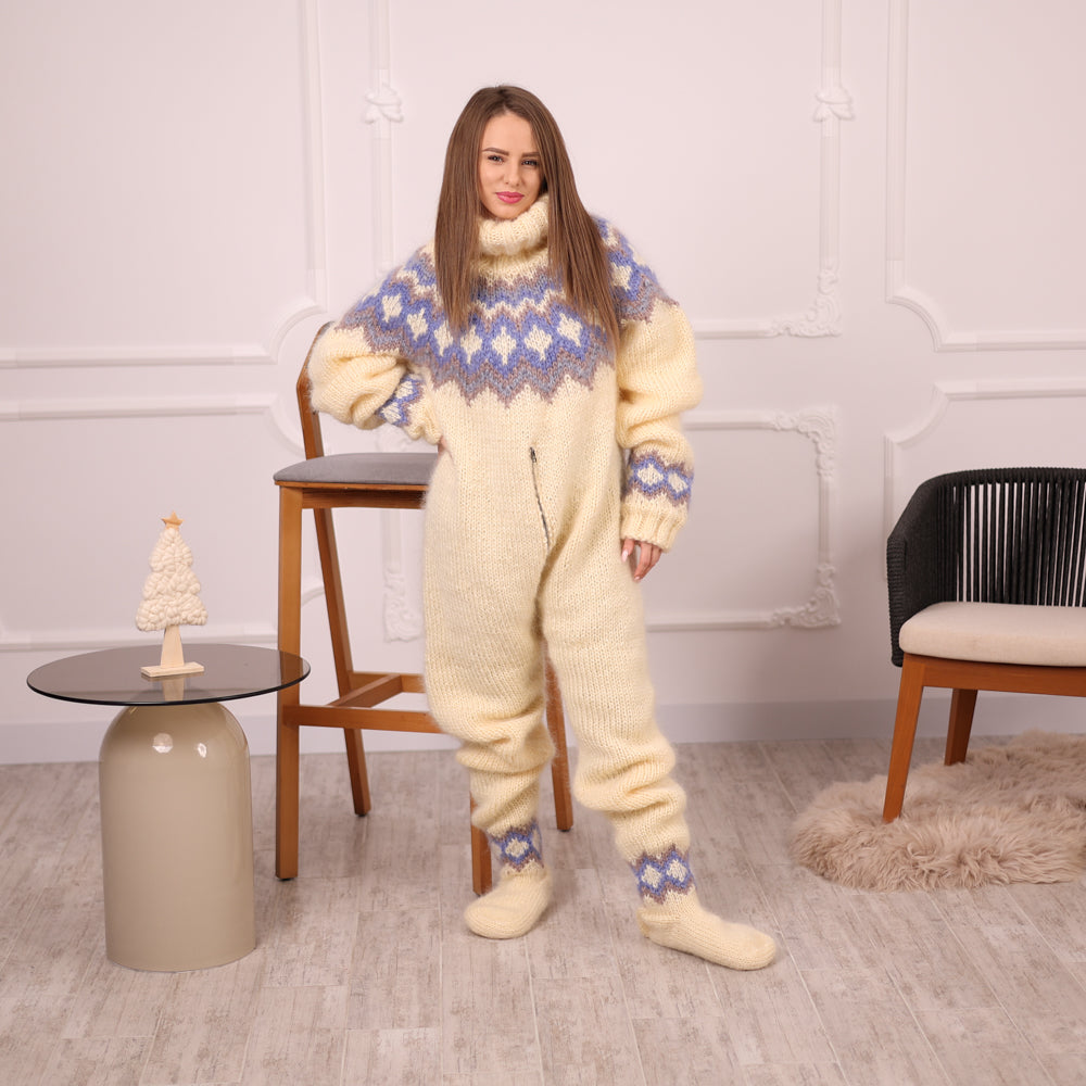 Icelandic Mohair Catsuit, Hand Knitted Wool Bodysuit, One Piece Suit With Socks T2134