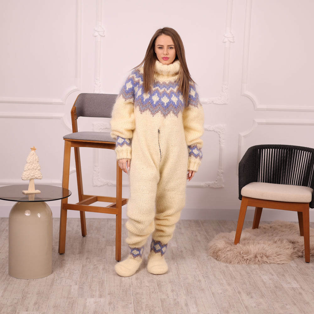 Icelandic Mohair Catsuit, Hand Knitted Wool Bodysuit, One Piece Suit With Socks T2134