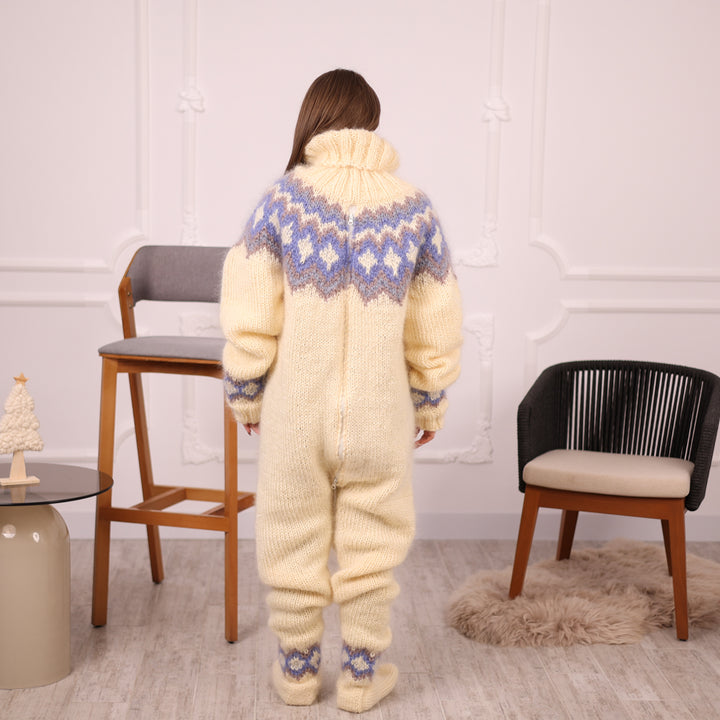 Icelandic Mohair Catsuit, Hand Knitted Wool Bodysuit, One Piece Suit With Socks T2134