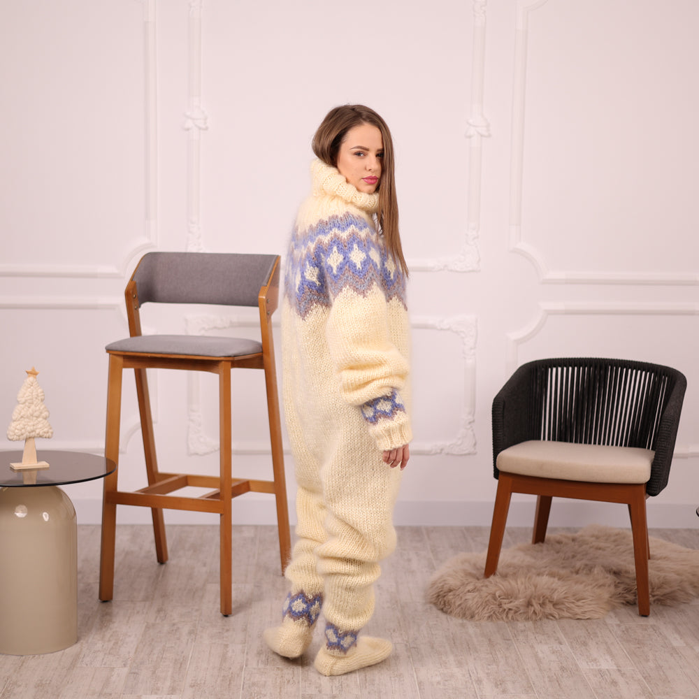 Icelandic Mohair Catsuit, Hand Knitted Wool Bodysuit, One Piece Suit With Socks T2134