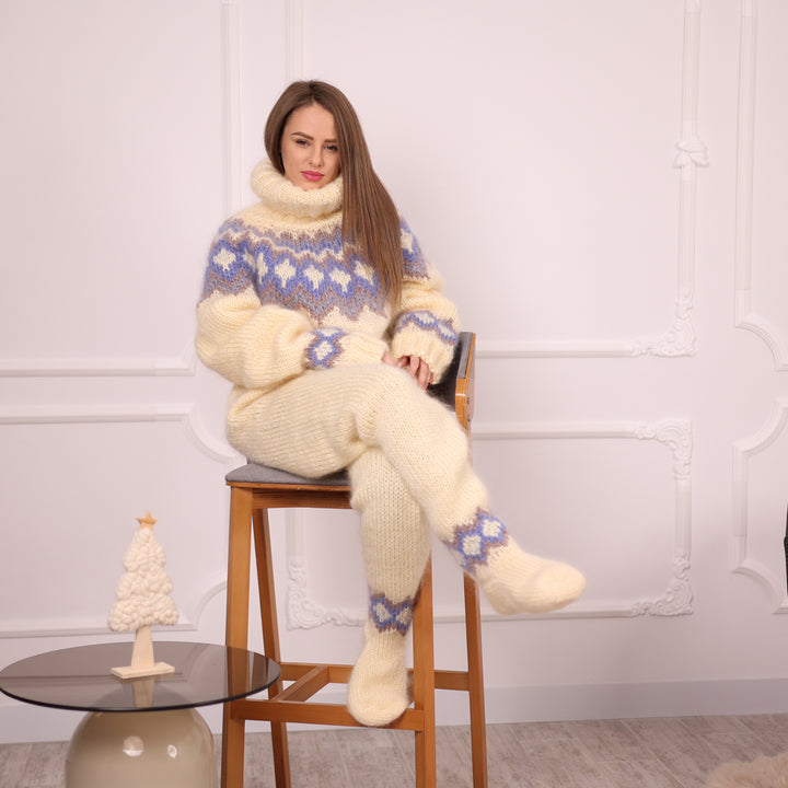 Icelandic Mohair Catsuit, Hand Knitted Wool Bodysuit, One Piece Suit With Socks T2134