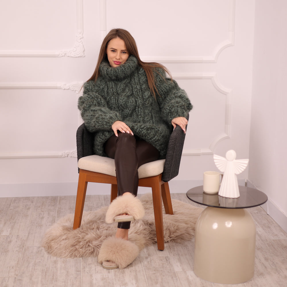 Cable Knit Mohair Alpaca Sweater, Chunky Oversized Fit, Green Melange Turtleneck  T2138