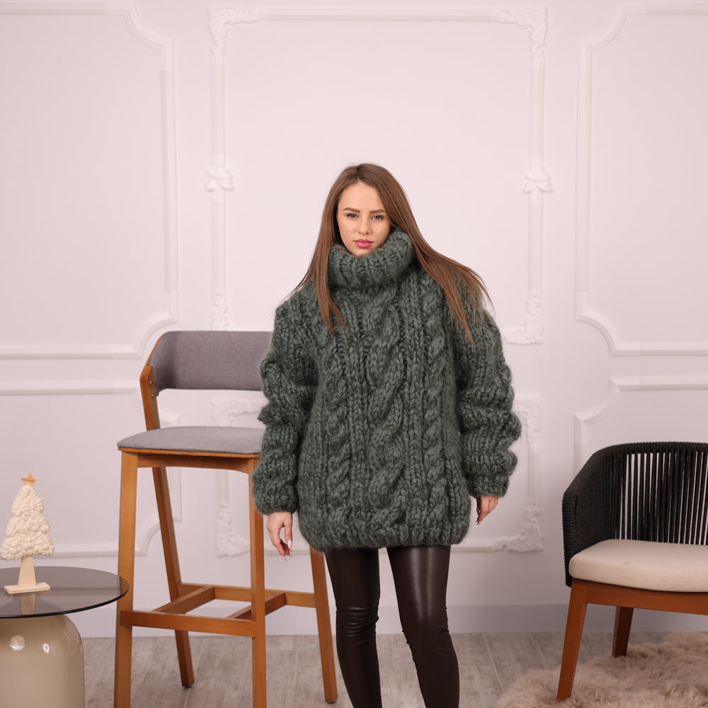 Cable Knit Mohair Alpaca Sweater, Chunky Oversized Fit, Green Melange Turtleneck  T2138
